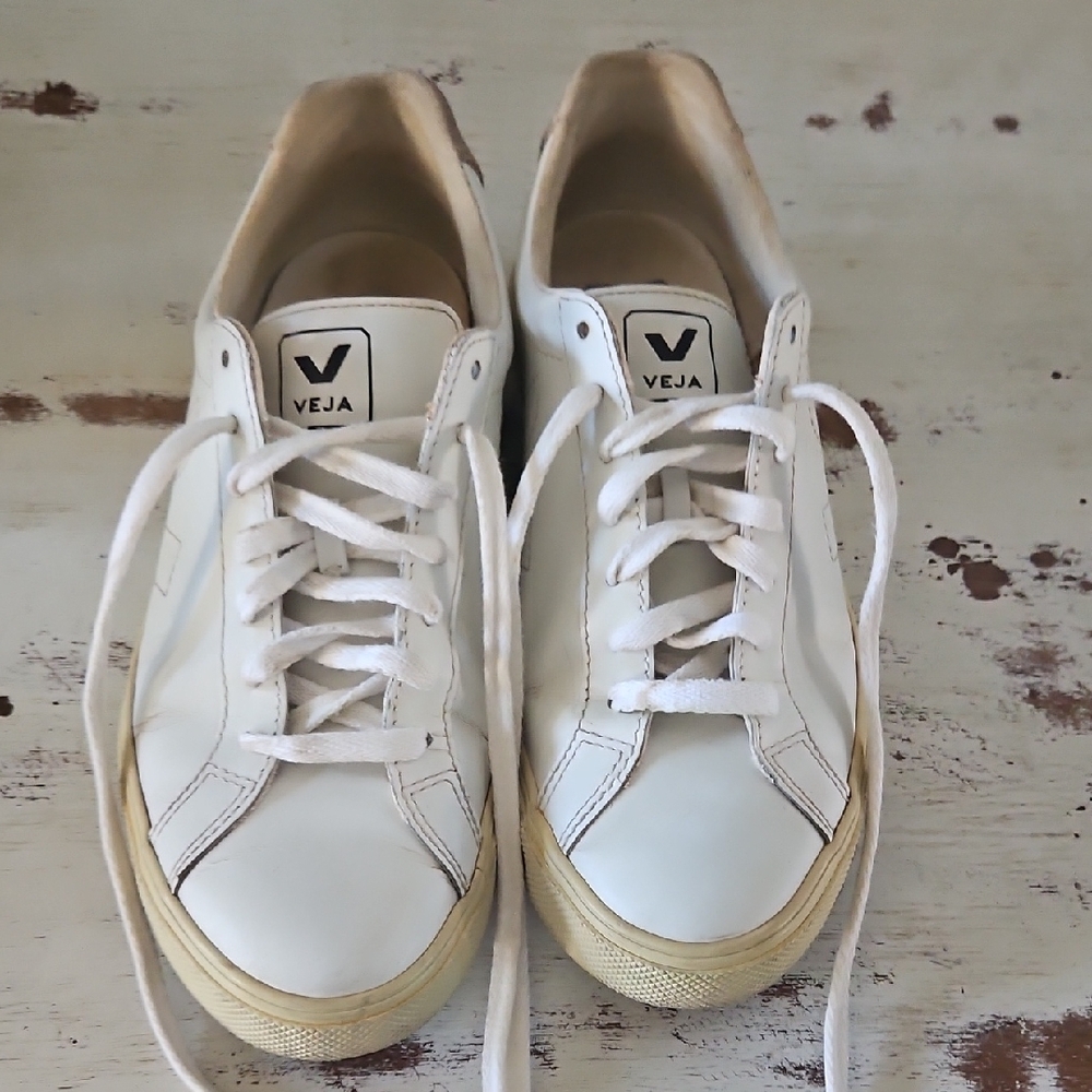 Veja White and Grey Leather Sneakers